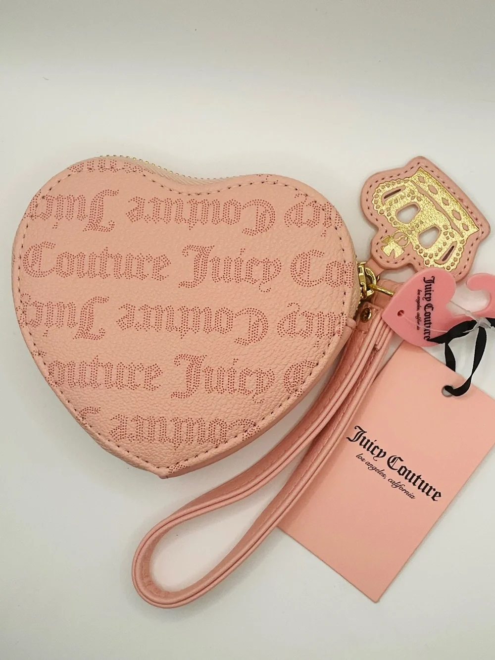 NWT Juicy Couture Pink Heart Wristlet Coin Purse Crown Zip Pull - Macaroon Dots
